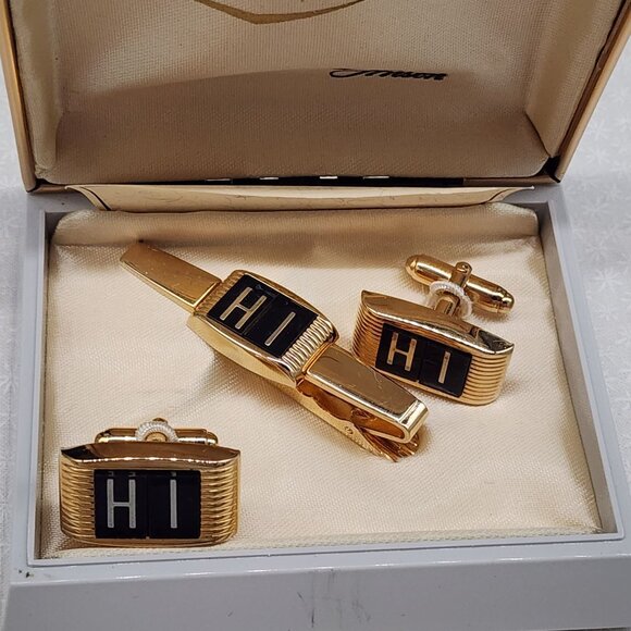 Vintage Anson Gold-Tone "HI" Cufflinks & Tie Clip Set In Original Box - Picture 2 of 6